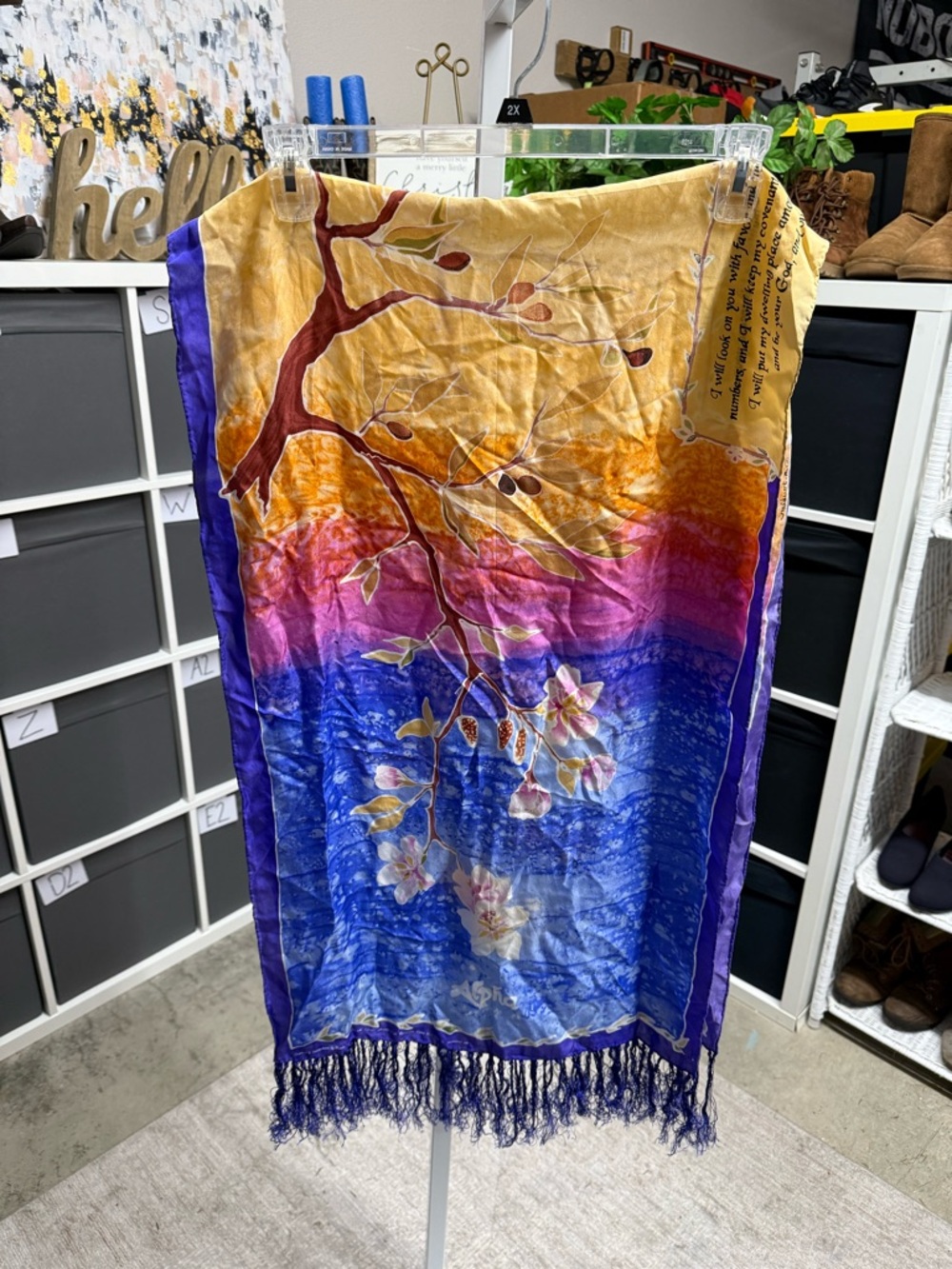 Vibrant Christian Scripture Floral Ombre Hand Rolled Silk Scarf with Fringe